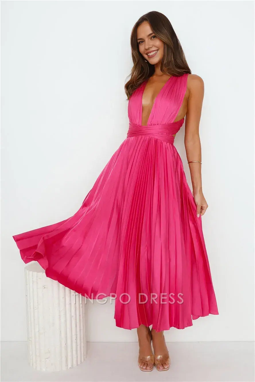 Vintage A-Line V Neck Sleeveless Lace Up Tea-Length prom dress
